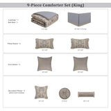 Loom and Mill 9-Piece Jacquard Comforter Set King, Royal Elegant Damask Design Comforter Sets, Luxury Bedding Set with Bed Skirt, Euro Shams, Decorative Pillows, All Season(Gray+Beige Brown, King) Loom and Mill