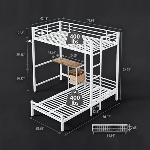 KEIKI Twin Over Twin Size Bunk Bed with Desk, L-Shaped Metal Bunk Bed Storage Shelves, Loft Beds with Safety Guardrail and Ladder for Teen, White KEIKI