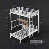 KEIKI Twin Over Twin Size Bunk Bed with Desk, L-Shaped Metal Bunk Bed Storage Shelves, Loft Beds with Safety Guardrail and Ladder for Teen, White KEIKI