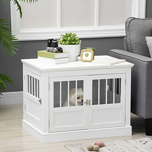PawHut Dog Crate End Table with Triple Doors, Wooden Dog Crate Furniture Indoor Use, Puppy Crate with and Steel Tubes, for Small Dogs, White PawHut