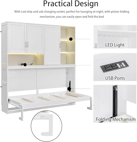 MERITLINE Twin Horizontal Murphy Bed with Storage Cabinet, LED Light and Charging Station,Wood Folding Murphy Wall Bed Cabinet with Bookcase and Shelves for Adult (White) MERITLINE