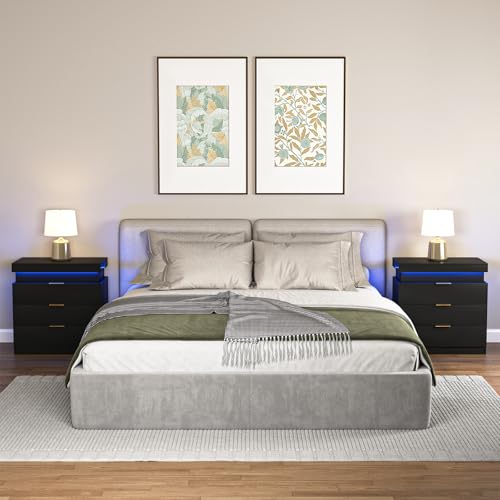 Night Stand with Charger Station and LED Lights,3 Drawers Nightstands with Sliding Top,Modern Bedside Table with Storage,Wooden End Table for Multiple Scenarios (Black) VERYKE
