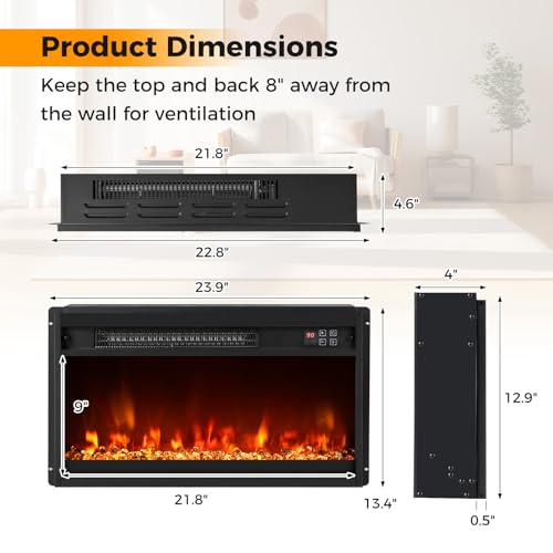 23'' Electric Fireplace Insert, SIMOE Recessed 1500W Fireplace with Multi-Color Flame & Crystal Ember Bed, 9H Timer, Thermostat & Overheat Protection, Remote Control, Fireplace Insert for TV Stand SIMOE