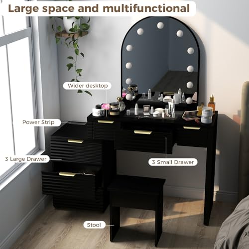 ACAGALA Modern Vanity Desk Chair Set with Mirror Light Fashionable Makeup Table with Glass Top Multi Drawers for Home Bedroom Salon Example: Adidas Blue Sneakers (Black) ACAGALA