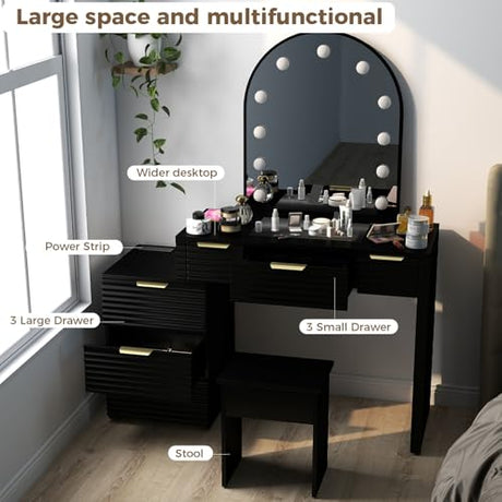 ACAGALA Modern Vanity Desk Chair Set with Mirror Light Fashionable Makeup Table with Glass Top Multi Drawers for Home Bedroom Salon Example: Adidas Blue Sneakers (Black) ACAGALA