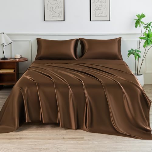 LIFCOM Satin Sheets Queen Size Bed Set,Similar to Silk Sheets,4Pcs Luxury Satin Sheet Set with 15 Inches Deep Pocket (Queen, Brown) LIFCOM