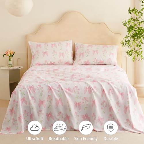 Jolusere Bow Sheet Set Full for Girls Kids Pink Floral Fitted Sheet Set Soft Microfiber Fitted Flat Sheets & Pillowcases - Princess Style Bowknot Bedding Sets Toddlers 4 Pieces Cute Sweet Bed Set Jolusere