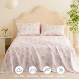 Jolusere Bow Sheet Set Full for Girls Kids Pink Floral Fitted Sheet Set Soft Microfiber Fitted Flat Sheets & Pillowcases - Princess Style Bowknot Bedding Sets Toddlers 4 Pieces Cute Sweet Bed Set Jolusere
