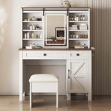 Farmhouse Vanity Desk with Mirror and Lights, 42" W Makeup Vanity Desk with Sliding Mirror, Barn Door Vanity with Hairdryer Holder and Charging Station, Large Makeup Vanity with Storage Bench, White HIROHRTV