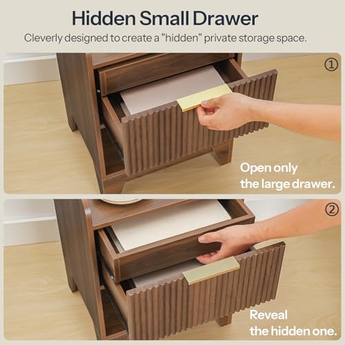 HOOBRO Fluted Nightstand with Charging Station, End Table with Hidden Drawer, Modern Bedside Table, Wooden Night Stand for Bedroom, Study, Dark Walnut WL351UBZ01 HOOBRO