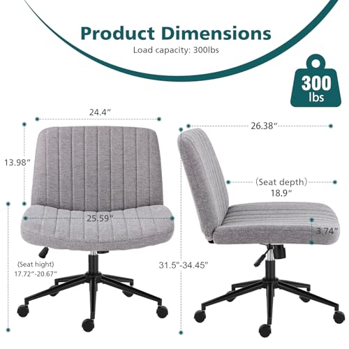 OLIXIS Criss Cross Chair with Wheels Wide Cross Legged Office Desk Vanity Chair Comfy Fabric Armless Adjustable Swivel for Home Computer Task Gray OLIXIS
