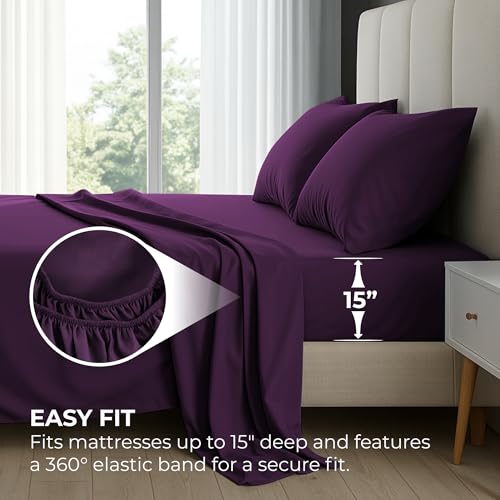 Pure Bedding Bed Sheets - Full Sheet Set [4-Piece, Purple] - Hotel Luxury 1800 Brushed Microfiber - Soft and Breathable - Deep Pocket Fitted Sheet, Flat Sheet, Pillow Cases Pure Bedding