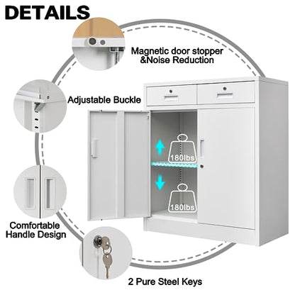 YEEZER Metal Storage Cabinet, Office Storage Cabinet and 2 Drawer, 2-Tier Steel Cabinet for Home, Living Room, Gym, Apartment (White) - WoodArtSupply