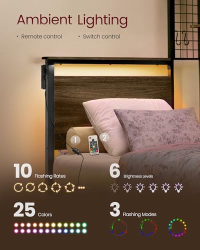 VASAGLE Twin Size Metal Bed Frame with Headboard, Multifunctional Storage, Built-in LED Lights, Charging Station, Bookshelf, Bedside Shelf, Space-Saving, No Box Spring Needed, Ash Brown URMB963K01 VASAGLE