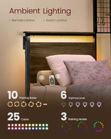 VASAGLE Twin Size Metal Bed Frame with Headboard, Multifunctional Storage, Built-in LED Lights, Charging Station, Bookshelf, Bedside Shelf, Space-Saving, No Box Spring Needed, Ash Brown URMB963K01 VASAGLE