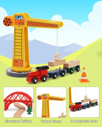 SainSmart Jr. Wooden Train Set for Toddler, 41pcs Wood Train Track w/Crane Fits Brio, Thomas, Melissa and Doug, Kids Wood Toy Train for Kids Ages 3+ - WoodArtSupply