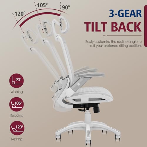 GABRYLLY Ergonomic Office Chair, High Back Home Desk Chair with Headrest, Flip-Up Arms, 90-120° Tilt Lock and Wide Cushion, 400LBS Mesh Chairs for Man Woman, White Task Chair(Grey,GY01WG) GABRYLLY