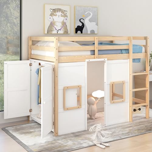 Merax Wood Loft Bed Twin Size with Storage Wardrobe, 2 Windows Design, for Teens, Boys & Girls, White Merax