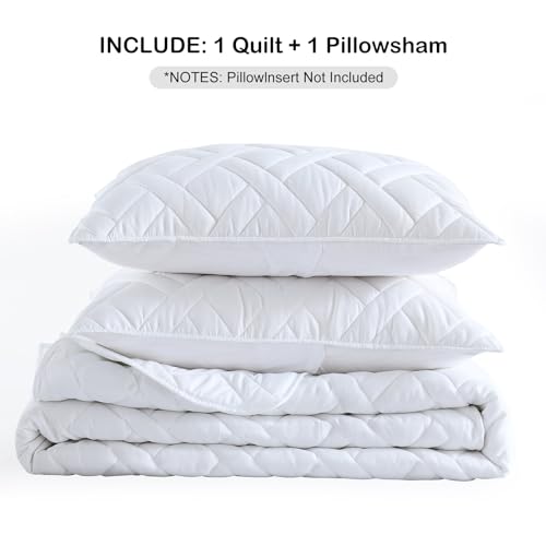 HORIMOTE HOME Quilt Set Twin Size White, Classic Geometric Diamond Stitched Pattern, Ultra Soft Microfiber Lightweight Bedding Set Bedspread Coverlet for All Season (1 Quilt and 1 Pillow Sham) HORIMOTE HOME