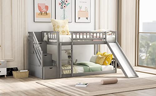 Ball & Cast Twin Over Twin Size Bunk Bed with Two Drawers and Slide,Wood Bunkbed w/Full-Length Guardrails & Storage Convertible Ladder,Space Saving,Slat Support,Bedframe for Child's BedroomGray Ball & Cast