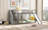 Ball & Cast Twin Over Twin Size Bunk Bed with Two Drawers and Slide,Wood Bunkbed w/Full-Length Guardrails & Storage Convertible Ladder,Space Saving,Slat Support,Bedframe for Child's BedroomGray Ball & Cast
