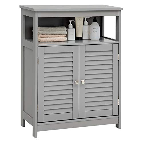 Tangkula Bathroom Floor Cabinet, Wooden Freestanding Storage Cabinet with Double Shutter Door & Adjustable Shelf, Storage Cabinet for Bathroom Living Room (Grey)