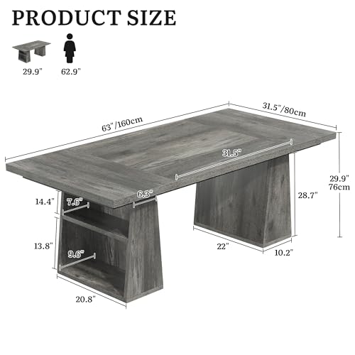 YITAHOME 63" Executive Desk, Large Office Desk Computer Desk with Double Pedestal and Storage Shelves, Wood Simple Workstations Writing Table Conference Table Business Furniture for Home Office, Grey YITAHOME