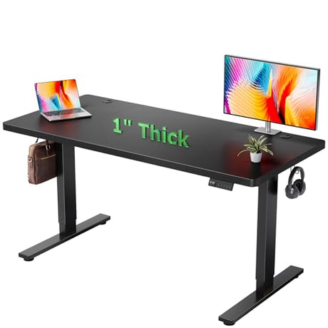 DeskShow Electric Standing Desk Adjustable - 60x28 Inch Sit Stand Desk with 1 Inch Thick Tabletop, Double Beam Frame, 3 Memory Height Adjustment, Cable Management for Home Office DeskShow
