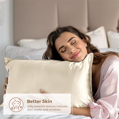 Pure Bedding Satin Pillowcase 2 Pack - King Size (20"x40", Ivory) - Silky Pillow Cases for Hair and Skin - Satin Pillow Covers with Envelope Closure - Extra Soft Premium Microfiber Pure Bedding