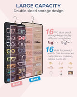 BAGSMART Hanging Jewelry Organizer, Dust Proof Sunglasses Storage Case Wall Mounted, Travel Dual Sided Glasses Case Multiple Pairs, Eyeglasses Holder with 32 Clear Slots & Metal Hook, Black BAGSMART