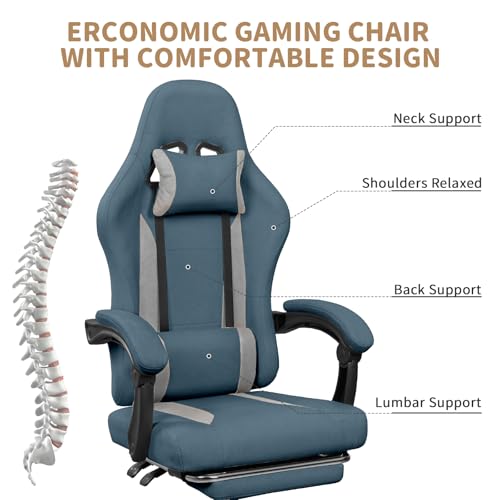 ErgoDesign Breathable Fabric Gaming Chair with Footrest, Height Adjustable Game Chair, Video Gaming Chair for Gaming Room, Living Room and Office - Blue/Light Grey ErgoDesign