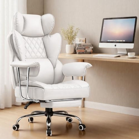 COMHOMA Big and Tall Gaming Chair with Pocket Spring Lumbar Support, Ergonomic Office Chair with Footrest, Executive Desk Chair with Outward Fixed Soft Armrests, Computer Chair with High Back, White COMHOMA