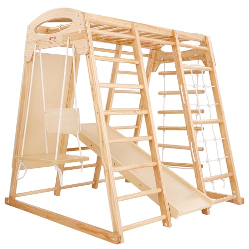 VEVOR Large Size Indoor Jungle Gym, 7-in-1 Toddler Indoor Playground, Wooden Toddler Climbing Toys with Wood & Rope Ladder, Net Ladder, Swing, Monkey Bar, Slide, Climbing Wall, 47.2 x 58 x 56in