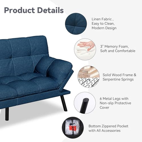 AMICLIBER Convertible Futon Sofa Bed,Blue Linen Modern Futon Couch,Memory Foam Loveseat Sleeper Recliner,Detachable Cushion,Adjustable Backrest & Armrest,Couches for Living Room,Office,Apartment AMICLIBER