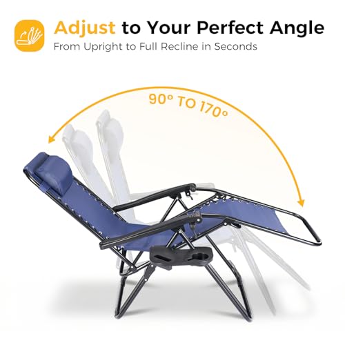 NEWBULIG Zero Gravity Chair Set of 2, Lounge Chair Folding Portable Adjustable Camping Reclining Chairs with Adjustable Pollow, Mesh Back, Cup Holder Trays Lawn Patio Chair for Pool Beach - Blue