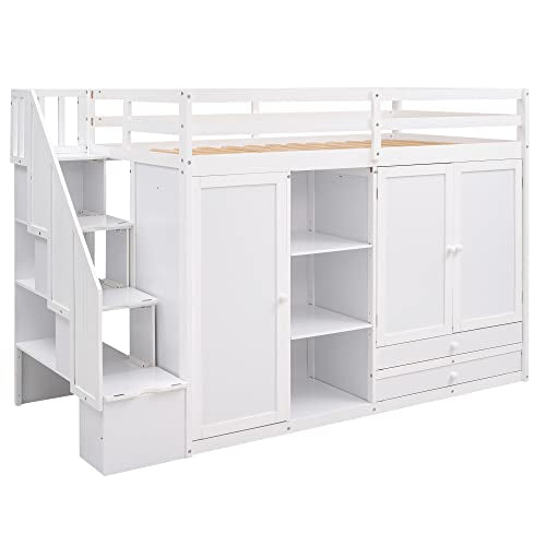 BOVZA Twin Size White Loft Bed with Stairs, Wardrobe, Drawers, and Shelves for Kids and Teens