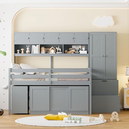 Merax Full Size Wood Loft Bed with Under-Bed Desk and A Big Storage, Storage Staircase,Drawers, Shelves, Integrated Wardrobe,Mobile Workstation,Gray Merax