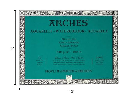 Arches Watercolor Block 9x12-inch Natural White 100% Cotton Watercolor Paper - 10 Sheets of Arches 300 lb Watercolor Paper Cold Press - Watercolor Paper Block for Gouache Ink Acrylic and More Arches