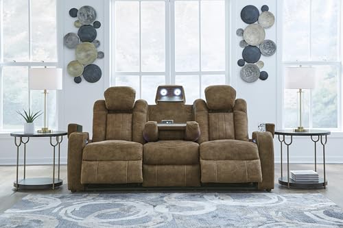Signature Design by Ashley Wolfridge Contemporary Faux Leather Power Reclining Sofa with Drop Down Table, LED Lights, Electrical Outlet, Wireless Charging, USB Ports and Cup Holders, Light Brown Signature Design by Ashley