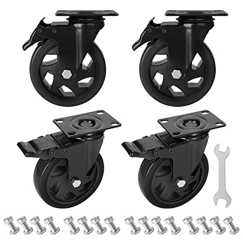 PRITEK 5 inch Caster Wheels Bearing 1800lbs 4 Pack Heavy Duty Rubber Plate Casters All with Safety Brake No Noise Lockable Swivel Casters (Include - WoodArtSupply