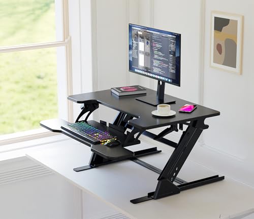 NSY Audio Standing Desk Converter 32 x 24 Inches - Height Adjustable Sit to Stand Riser with Keyboard Tray, Ergonomic Workstation for Home Office, Black NSY Audio