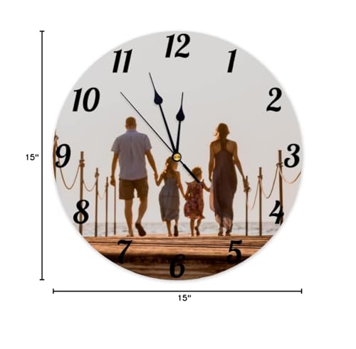 Custom Wall Clock with Picture Image Photo 15 Inch Personalized Rusitc Wooden Clock Farmhouse Home Decor Round Silent Clock Add Your Text Family Name Wedding Anniversary Birthday Gift - WoodArtSupply