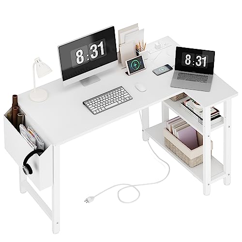 Lufeiya White L Shaped Computer Desk with Power Outlet Shelves, 40 Inch Small Corner Desk for Small Space Home Office, L-Shaped Desk PC Desks, White Lufeiya