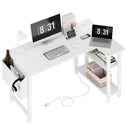 Lufeiya White L Shaped Computer Desk with Power Outlet Shelves, 40 Inch Small Corner Desk for Small Space Home Office, L-Shaped Desk PC Desks, White - WoodArtSupply