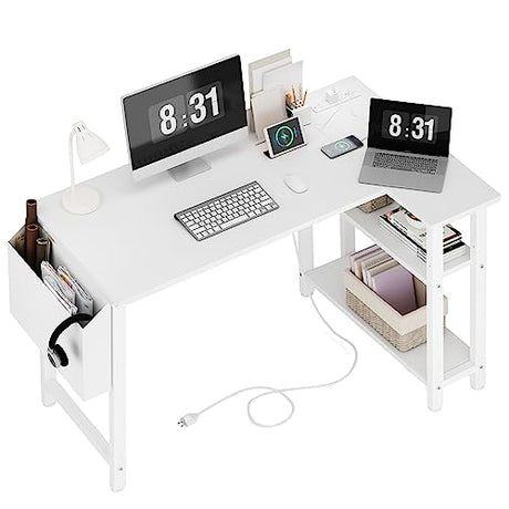 Lufeiya White L Shaped Computer Desk with Power Outlet Shelves, 40 Inch Small Corner Desk for Small Space Home Office, L-Shaped Desk PC Desks, White Lufeiya