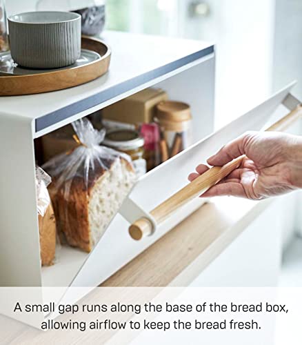 Yamazaki Home Bread Box Keeper Holder Container, Metal Bread Holder Saver, Slim Space Saving Counter Storage Steel + WoodWhite YAMAZAKI