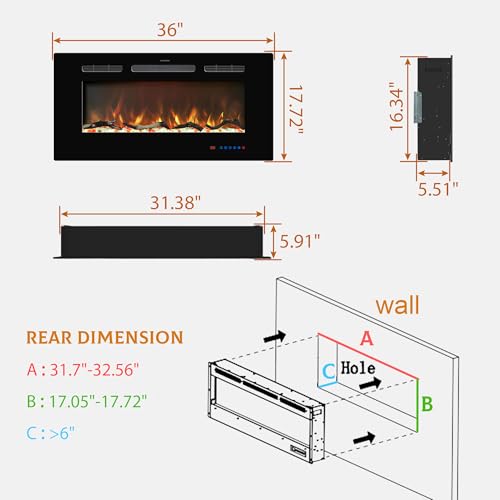 Kentsky 36 inches Electric Fireplace Inserts, Recessed and Wall Mounted Fireplace Heater, Linear Fireplace w/Thermostat, Remote & Touch Screen, Multicolor Flame, Timer, Logs & Crystal, 750W/1500W Kentsky