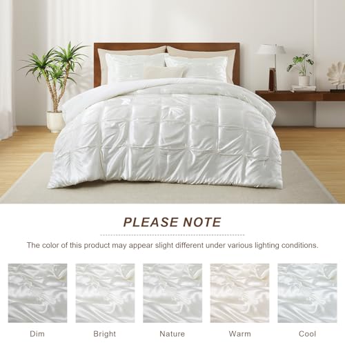 Lanest Housing King Size Satin Comforter Set Ivory White, 3 Pieces Soft and Lightweight Silk Bedding, All Season Fluffy Down Alternative Comforter Bed Set Lanest Housing