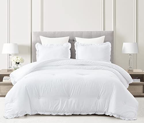 Chezmoi Collection Nora White Comforter Set Full Size 3-Piece Fluffy Soft Stone-Washed Ruffled Shabby Chic Bedding for All Season Chezmoi Collection