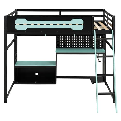 Merax Full Size Wood Loft Bed with Desk, Storage Shelves and Pegboard, Gaming Loft Bed with Light and USB Ports, Black+Blue Wooden Bed Frame Merax